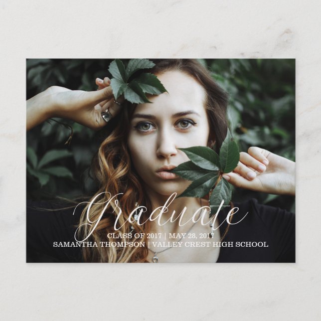 White Delicate Script Photo Graduation Postcard (Front)