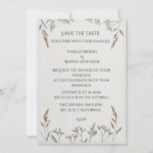 White Delphinium, Maidenhair Ferns, Botanical Line Invitation