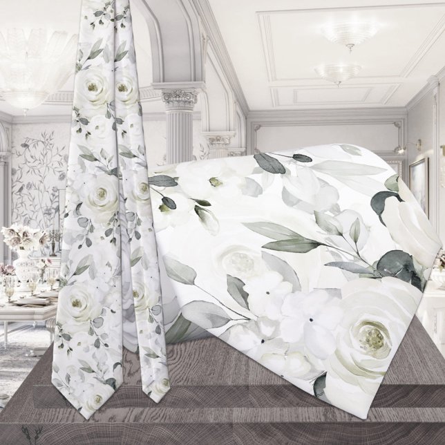 White Desdemona Rose 2 Silver Eucalyptus Wedding Tie (Creator Uploaded)
