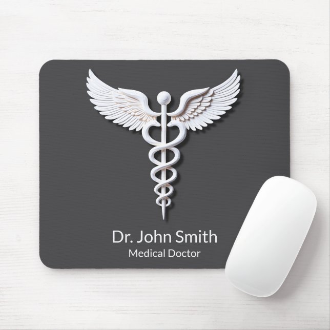 White Detailed Clean Caduceus Anthracite Medical Mouse Mat (With Mouse)