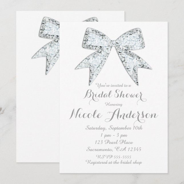 White Diamond Bling Bow Glam Bridal Shower Invitation (Front/Back)