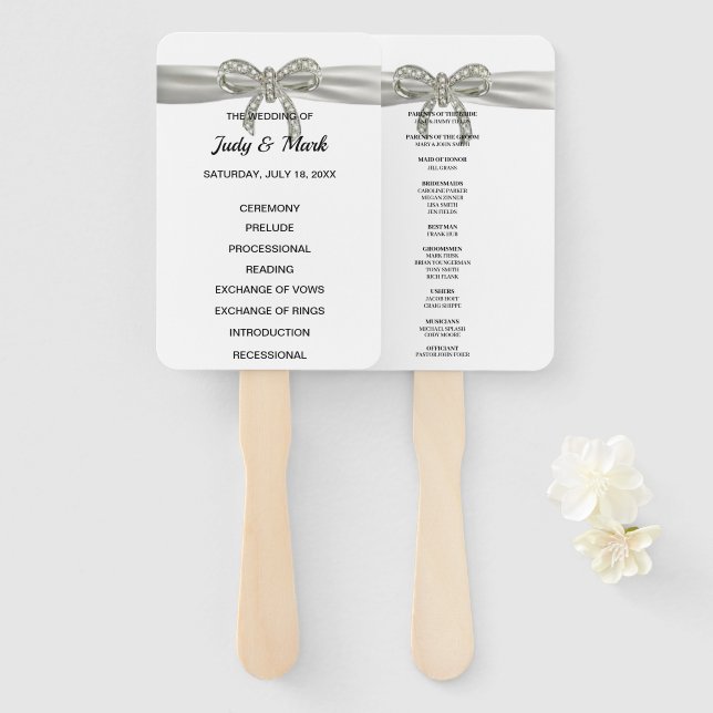 White Diamond Bow Wedding Program Hand Fan (Front and Back)