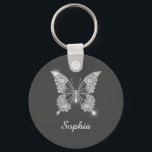 White Diamond Butterfly, DIY Name, Dark Grey Key Ring<br><div class="desc">A classy white diamond butterfly design to personalize name in white script text on dark grey background. Click “Customize” to change colors and type styles.</div>