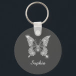 White Diamond Butterfly, DIY Name, Dark Grey Key Ring<br><div class="desc">A classy white diamond butterfly design to personalize name in white script text on dark grey background. Click “Customize” to change colors and type styles.</div>