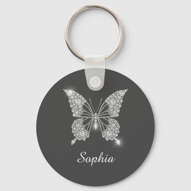White Diamond Butterfly, DIY Name, Dark Grey Key Ring (Front)