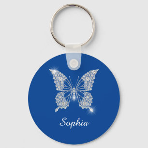 White Diamond Butterfly, DIY Name, Deep Blue Key Ring