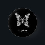 White Diamond Butterfly, DIY Script Name, Black 3 Cm Round Badge<br><div class="desc">A classy white diamond butterfly design to personalise name in white script text on black background. Click “Customise” to change colours and type styles.</div>