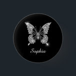 White Diamond Butterfly, DIY Script Name, Black 3 Cm Round Badge<br><div class="desc">A classy white diamond butterfly design to personalise name in white script text on black background. Click “Customise” to change colours and type styles.</div>