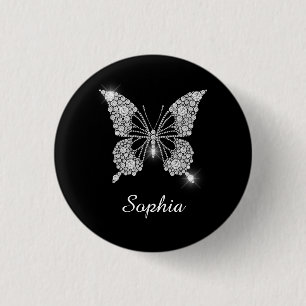 White Diamond Butterfly, DIY Script Name, Black 3 Cm Round Badge