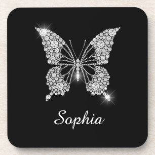 White Diamond Butterfly, DIY Script Name, Black Coaster