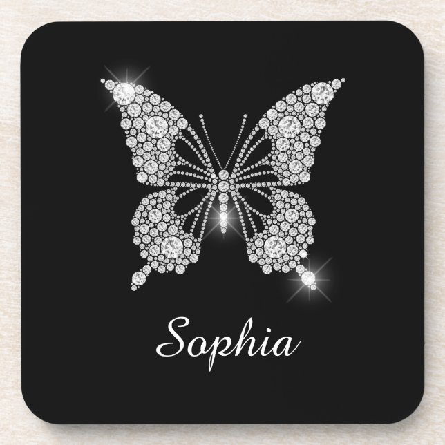 White Diamond Butterfly, DIY Script Name, Black Coaster (Front)