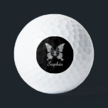 White Diamond Butterfly, DIY Script Name, Black Golf Balls<br><div class="desc">A classy white diamond butterfly design to personalise name in white script text on black background. Click “Customise” to change colours and type styles.</div>