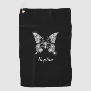 White Diamond Butterfly, DIY Script Name, Black Golf Towel