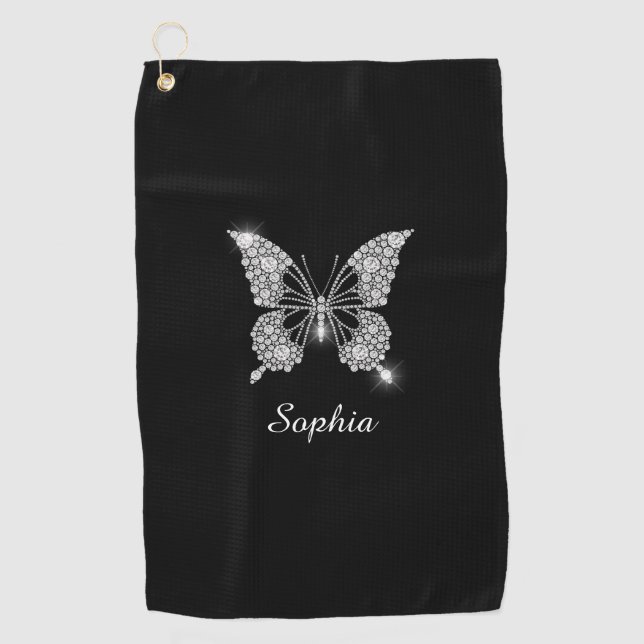 White Diamond Butterfly, DIY Script Name, Black Golf Towel (Front)