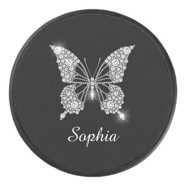 White Diamond Butterfly, DIY Script Name, Black Hockey Puck (Front)