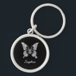 White Diamond Butterfly, DIY Script Name, Black Key Ring<br><div class="desc">Personalize your name in white script on a classy white diamond butterfly design on black background. Click “Customize” to change colors and type styles.</div>