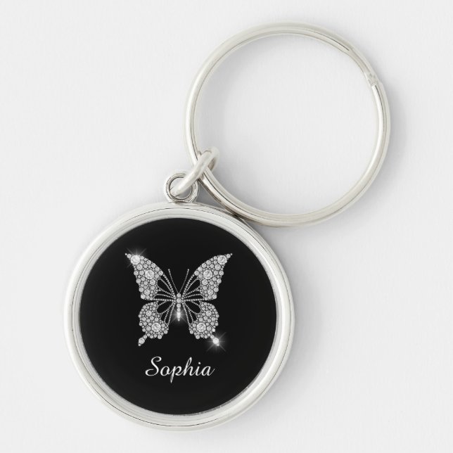White Diamond Butterfly, DIY Script Name, Black Key Ring (Front)