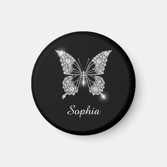 White Diamond Butterfly, DIY Script Name, Black Magnet (Front)