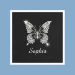 White Diamond Butterfly, DIY Script Name, Black Napkin<br><div class="desc">A classy white diamond butterfly design to personalise name in white script text on black background. Click “Customise” to change colours and type styles.</div>