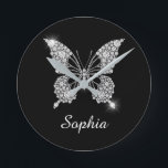 White Diamond Butterfly, DIY Script Name, Black Round Clock<br><div class="desc">A classy white diamond butterfly design to personalise name in white script text on black background. Click “Customise” to change colours and type styles.</div>