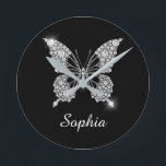 White Diamond Butterfly, DIY Script Name, Black Round Clock<br><div class="desc">A classy white diamond butterfly design to personalise name in white script text on black background. Click “Customise” to change colours and type styles.</div>