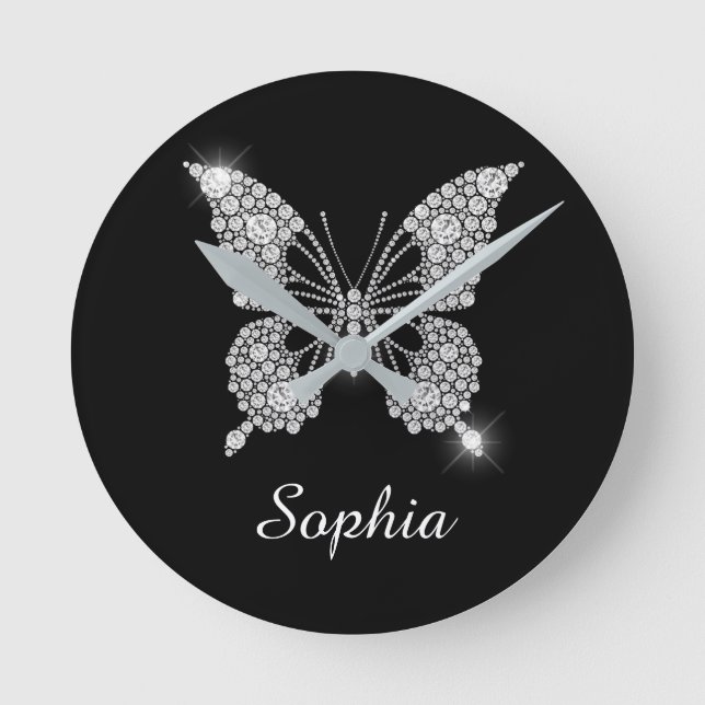 White Diamond Butterfly, DIY Script Name, Black Round Clock (Front)