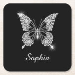 White Diamond Butterfly, DIY Script Name, Black Square Paper Coaster<br><div class="desc">A classy white diamond butterfly design to personalise name in white script text on black background. Click “Customise” to change colours and type styles.</div>