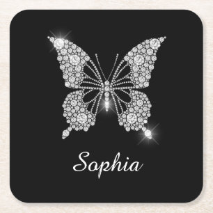 White Diamond Butterfly, DIY Script Name, Black Square Paper Coaster