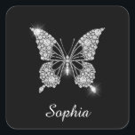 White Diamond Butterfly, DIY Script Name, Black Square Sticker<br><div class="desc">A classy white diamond butterfly design to personalise name in white script text on black background. Click “Customise” to change colours and type styles.</div>