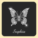 White Diamond Butterfly, DIY Script Name, Black Square Sticker<br><div class="desc">A classy white diamond butterfly design to personalise name in white script text on black background. Click “Customise” to change colours and type styles.</div>