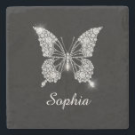 White Diamond Butterfly, DIY Script Name, Black Stone Coaster<br><div class="desc">A classy white diamond butterfly design to personalise name in white script text on black background. Click “Customise” to change colours and type styles.</div>