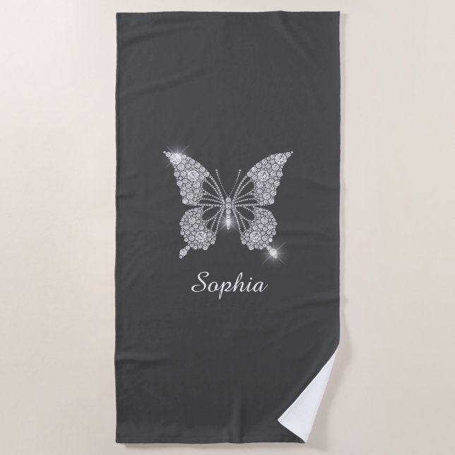 White Diamond Butterfly DIY Script Name, Dark Grey Beach Towel (Front)