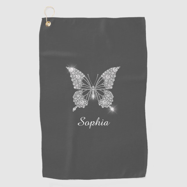 White Diamond Butterfly DIY Script Name, Dark Grey Golf Towel (Front)