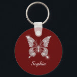 White Diamond Butterfly, DIY Script Name, Dark Red Key Ring<br><div class="desc">A classy white diamond butterfly design to personalise name in white script text on dark red background. Click “Edit Using Design Tool” to change colours and type styles.</div>