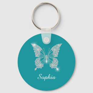 White Diamond Butterfly DIY Script Name, Deep Teal Key Ring