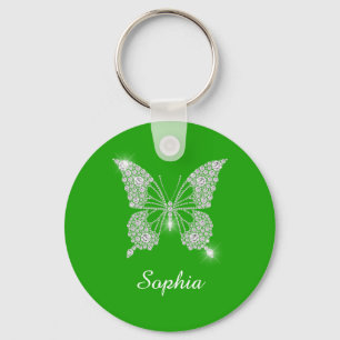 White Diamond Butterfly, DIY Script Name, Green Key Ring