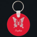 White Diamond Butterfly, DIY Script Name, Red Key Ring<br><div class="desc">A classy white diamond butterfly design to personalize name in white script text on red background. Click “Customize” to change colors and type styles.</div>
