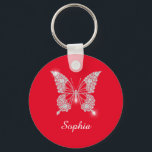 White Diamond Butterfly, DIY Script Name, Red Key Ring<br><div class="desc">A classy white diamond butterfly design to personalize name in white script text on red background. Click “Customize” to change colors and type styles.</div>