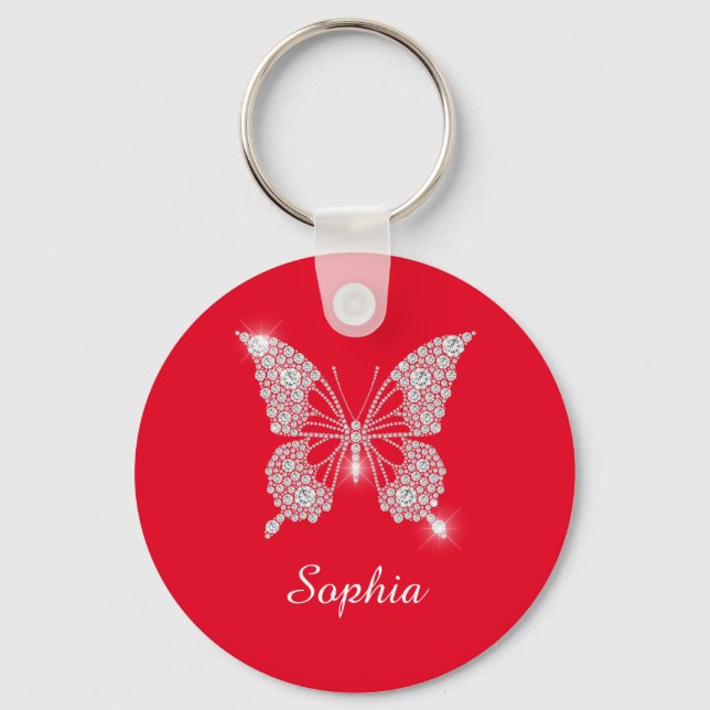 White Diamond Butterfly, DIY Script Name, Red Key Ring (Front)
