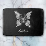 White Diamond Butterfly, Script Name, Black Bath Mat<br><div class="desc">A classy white diamond butterfly design to personalise name in white script text on black background.</div>