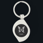 White Diamond Butterfly, Script Name, Black Key Ring<br><div class="desc">A classy white diamond butterfly with white script name on black background.</div>