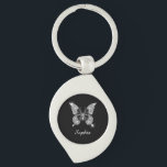 White Diamond Butterfly, Script Name, Black Key Ring<br><div class="desc">A classy white diamond butterfly with white script name on black background.</div>
