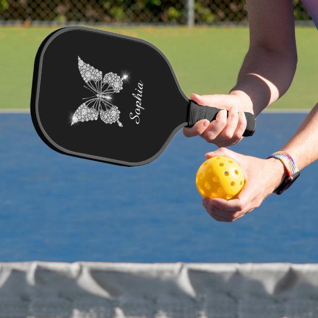 White Diamond Butterfly, Script Name, Black Pickleball Paddle (Insitu)