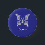 White Diamond Butterfly, Script Name, Deep Blue 3 Cm Round Badge<br><div class="desc">A classy white diamond butterfly with white script name on deep blue background.</div>