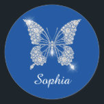 White Diamond Butterfly, Script Name, Deep Blue Classic Round Sticker<br><div class="desc">Personalise white script name on classy white diamond butterfly design with deep blue background.</div>