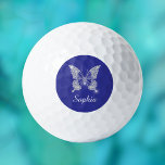 White Diamond Butterfly, Script Name, Deep Blue Golf Balls<br><div class="desc">A classy white diamond butterfly with white script name on deep blue background.</div>