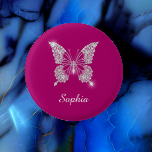 White Diamond Butterfly, Script Name, Deep Fuchsia 3 Cm Round Badge