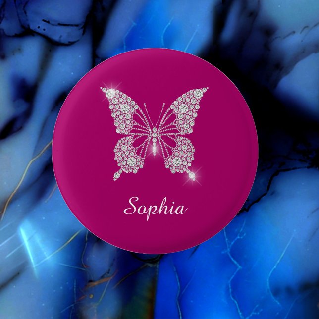 White Diamond Butterfly, Script Name, Deep Fuchsia 3 Cm Round Badge (Creator Uploaded)