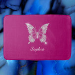 White Diamond Butterfly, Script Name, Deep Fuchsia Bath Mat<br><div class="desc">A classy white diamond butterfly with white script name on deep fuchsia background.</div>