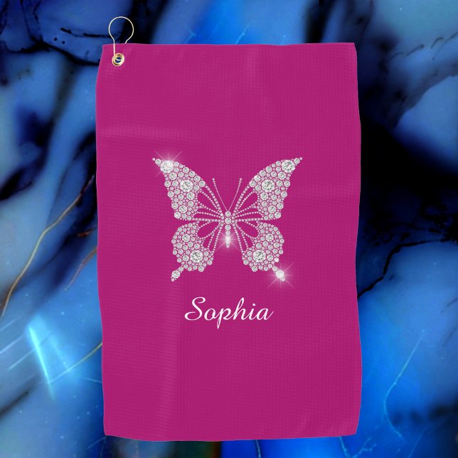 White Diamond Butterfly, Script Name, Deep Fuchsia Golf Towel (Creator Uploaded)
